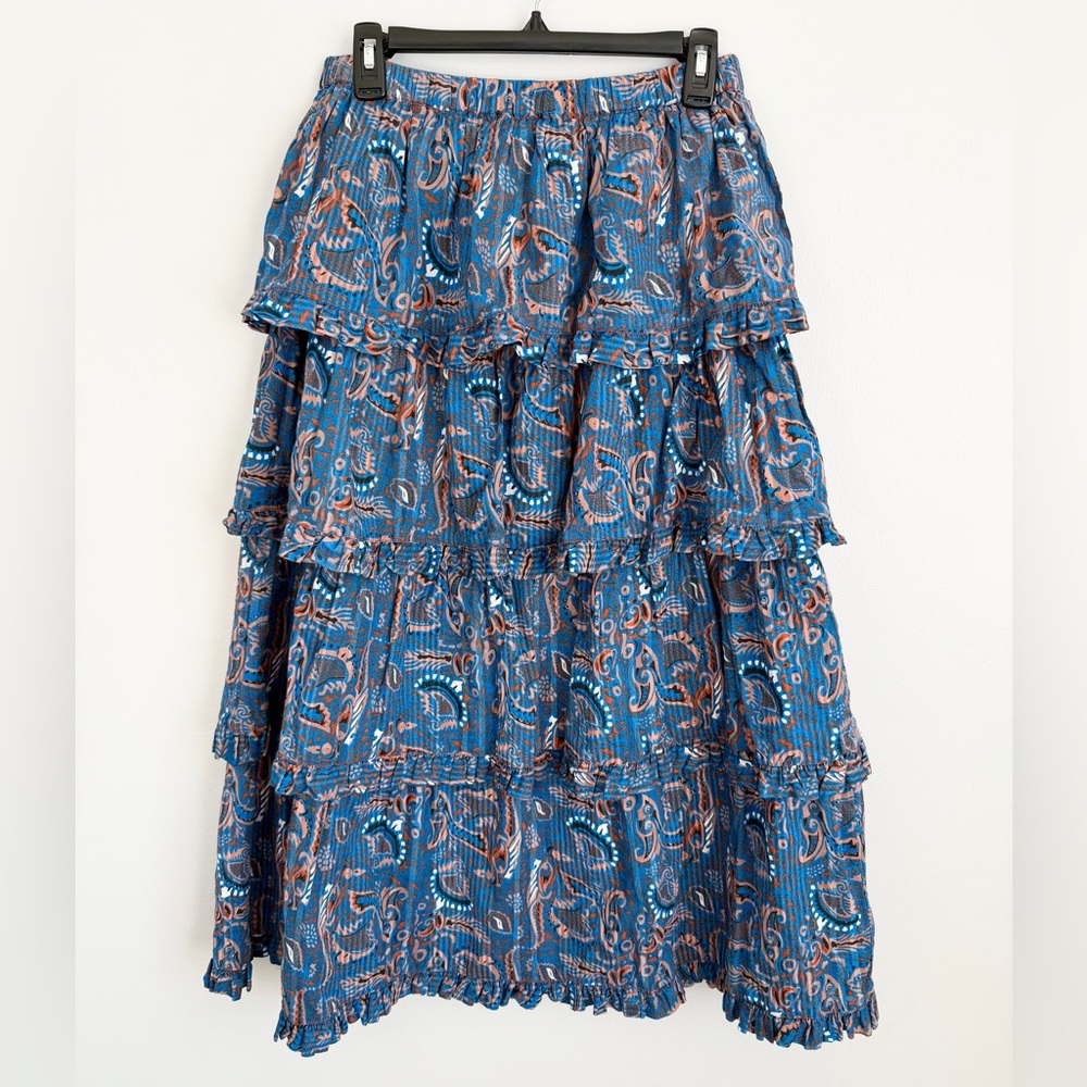 Cleobella Blue Paisley Tiered Midi Skirt with Rust Details